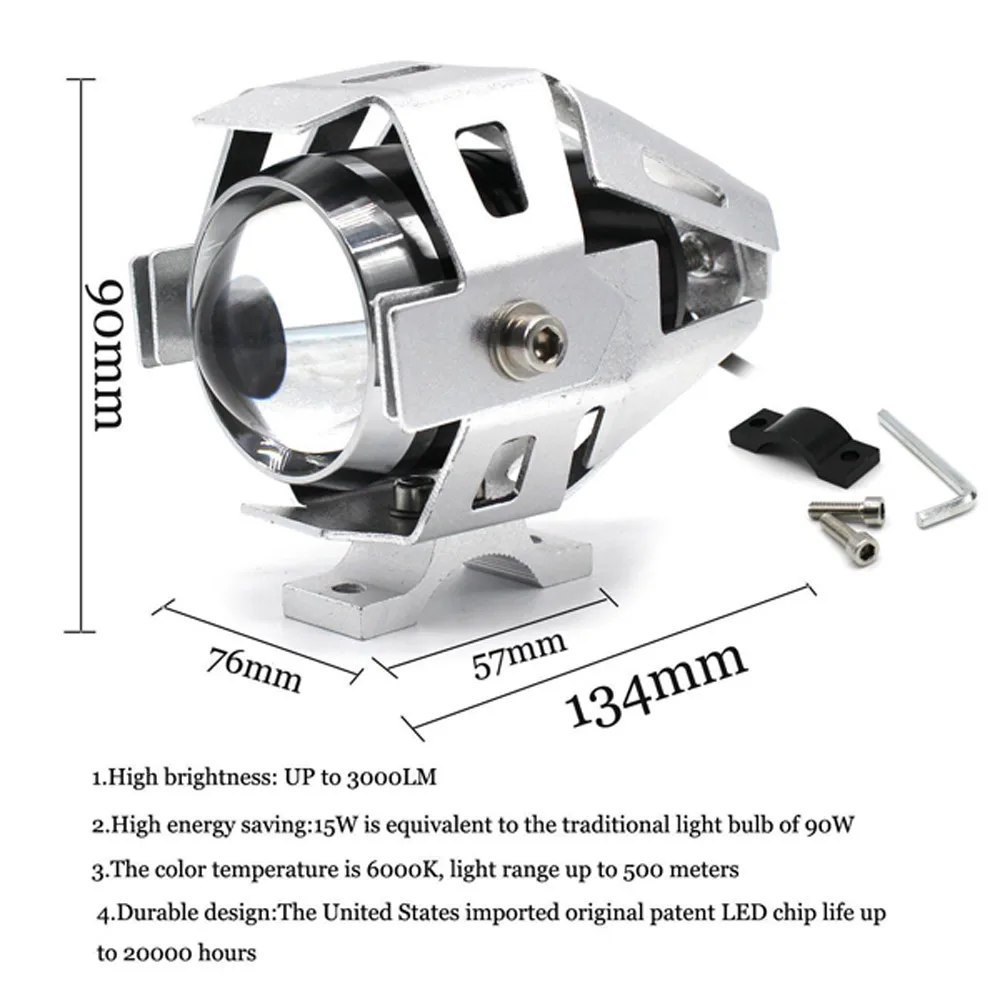 (2pcs) Black Silver Blue Golden 125w U5 3000lm LED transformer Motorcycle Headlight fog Light +1pc switch U5 spot light set