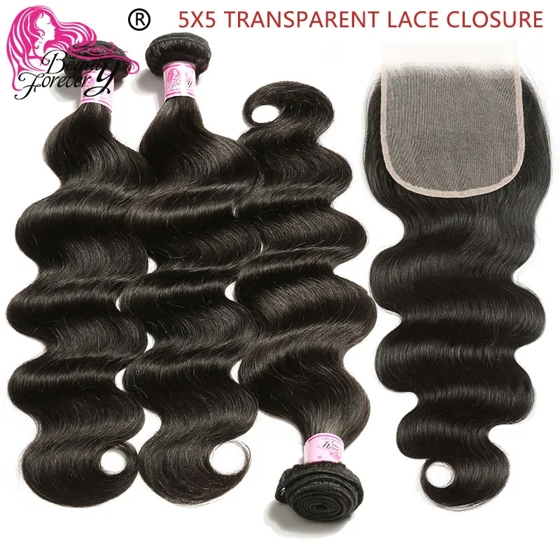 

Beauty Forever Body Wave Transparent Lace Closure Brazilian Hair Weave 3 Bundles With Closure Free Part 100% Remy Human Hair