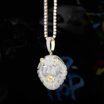 

Hip Hop bling iced out Lion Bicolor pendant necklaces pave setting AAA Zircon animal necklace fashion For Men jewelry