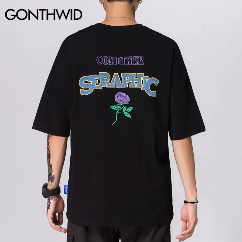 GONTHWID Emboridery с буквенным принтом розы футболки Harajuku Хип Хоп повседневные коротким