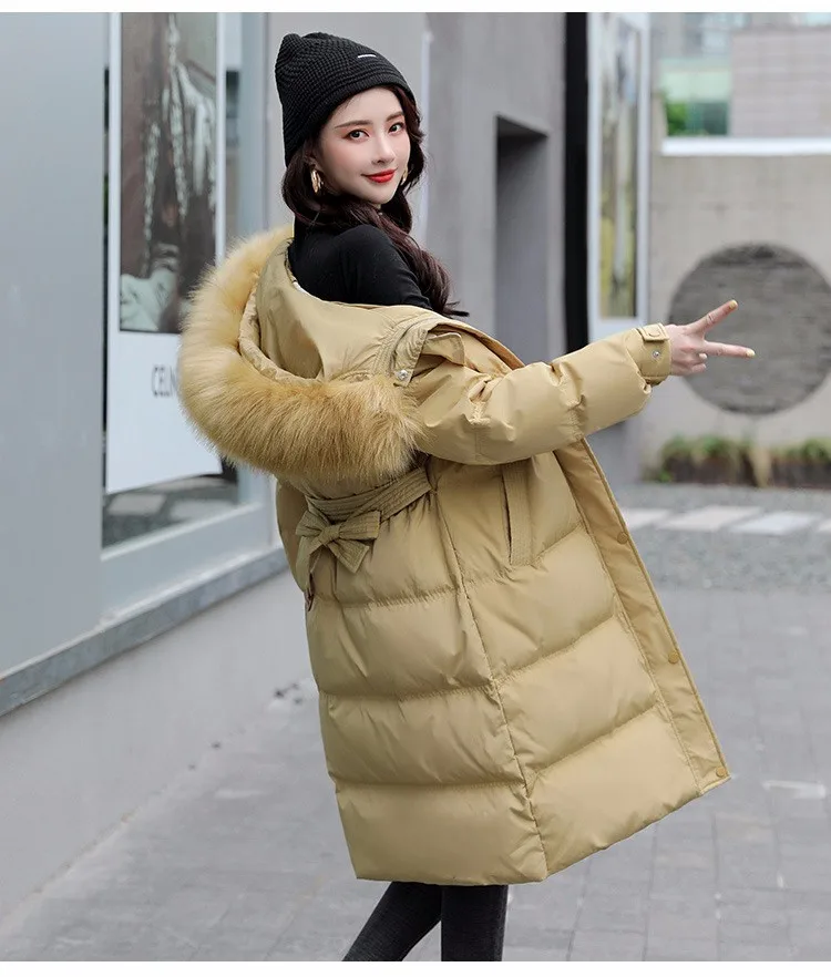 parka coat Yzeqi 2021 Women Long Winter Jacket Big Fur Belt Hooded Thick Down Parkas Female Fashion Cotton-padde Jackets Coat Warm Outwear long puffer coat