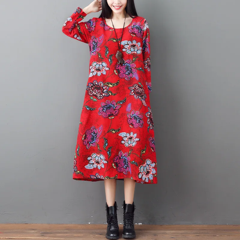 

2020 Spring Clothing New Style Ethnic-Style Cotton Linen Printed Large Size Dress Loose-Fit Mid-length Long Sleeve A- line Dress