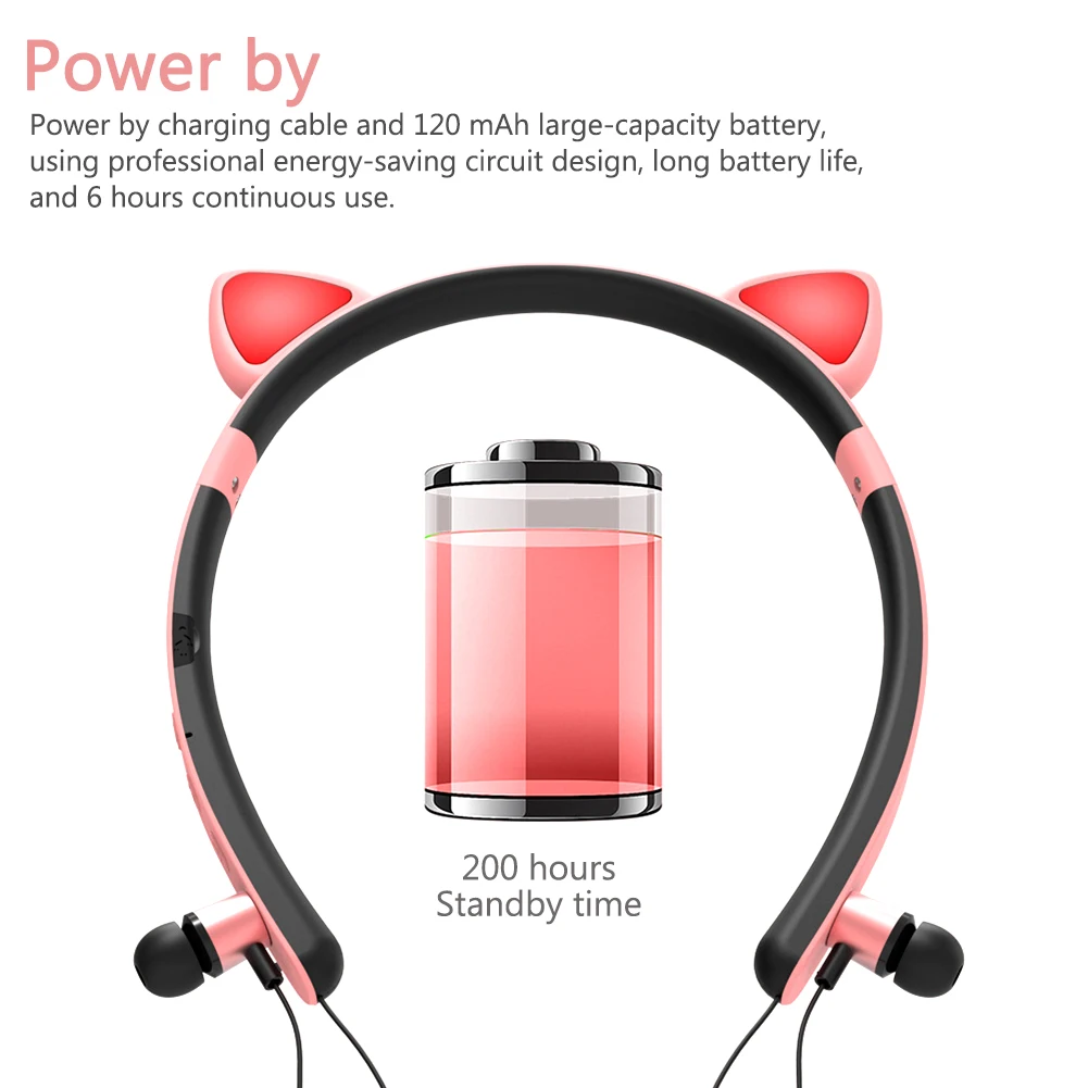 Portable Led Gift Magnetic Absorption Cute Girls APP Remote Control Universal With Mic Wireless Headphones Luminous Cat Ear