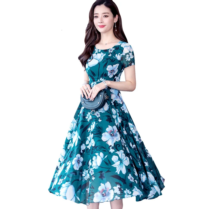 

Fashion Slim Chiffon Dresses Women Summer Print Thin Big Swing Long Dresses Elegant V-Neck Shorts Sleeve Female Dresses LJ2253