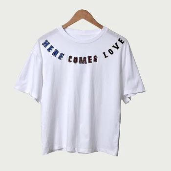 

2020 Summer Color Embroidery Letter Loose Leisure Joker Round Neck Top Female 23010