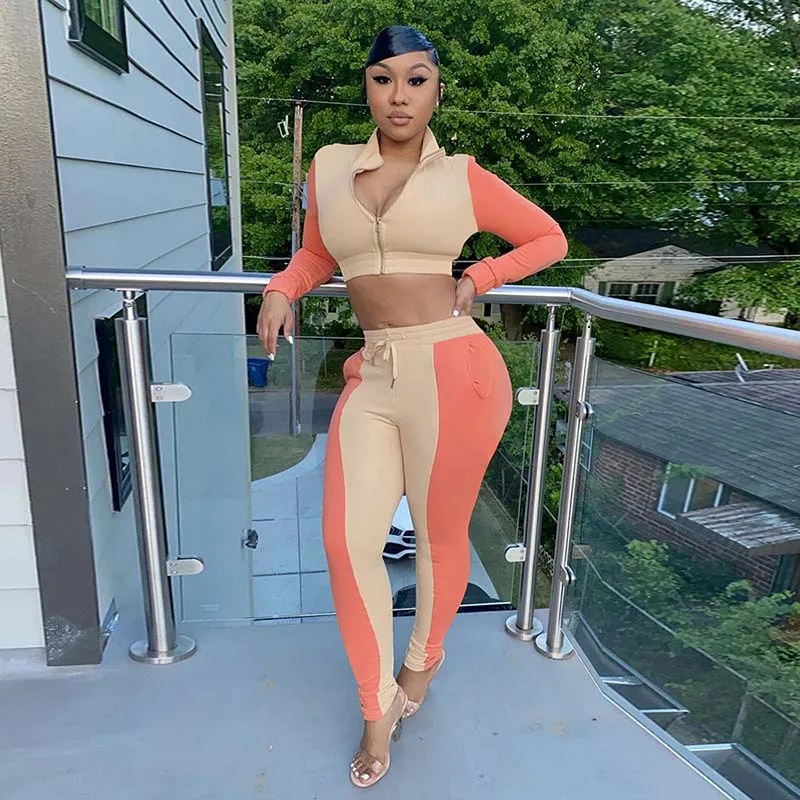 

Casual Color Patchwork Tracksuits Two Piece Set Jacket Coat + Long Pants Leggings Sets Sportsuit Streetwear Winter Outfit