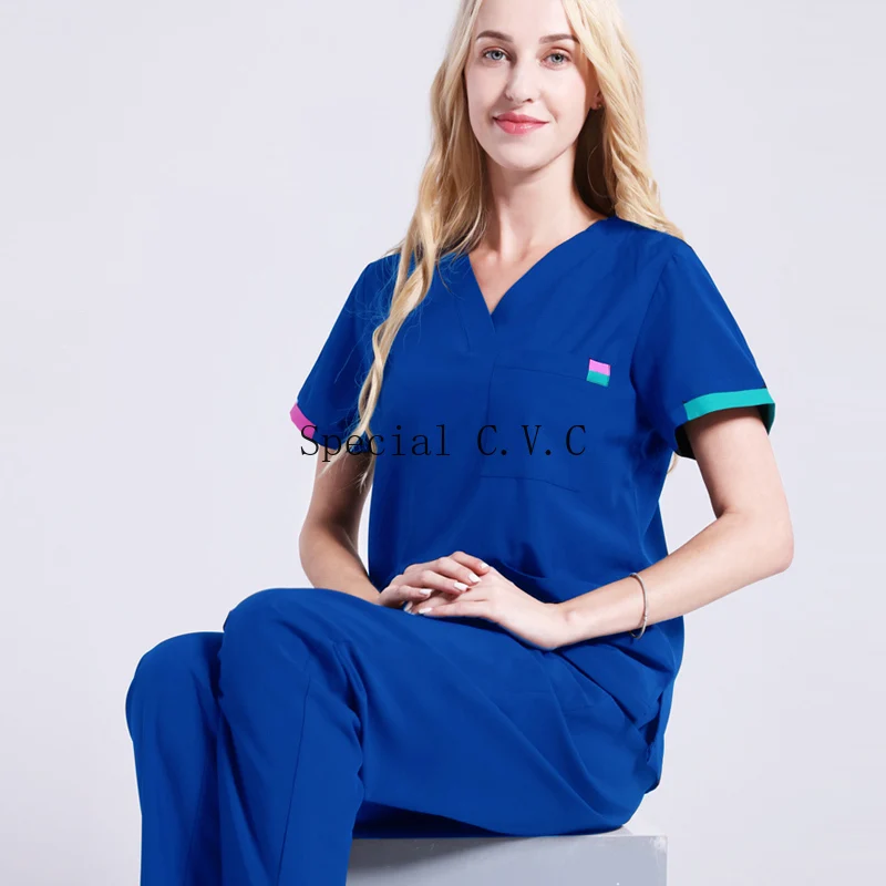 Pure Cotton Scrub Top V Neck Short Sleeve Medical Uniforms Women Color Blocking Surgical Shirt Plug Size Medical Scrubs (a Top)
