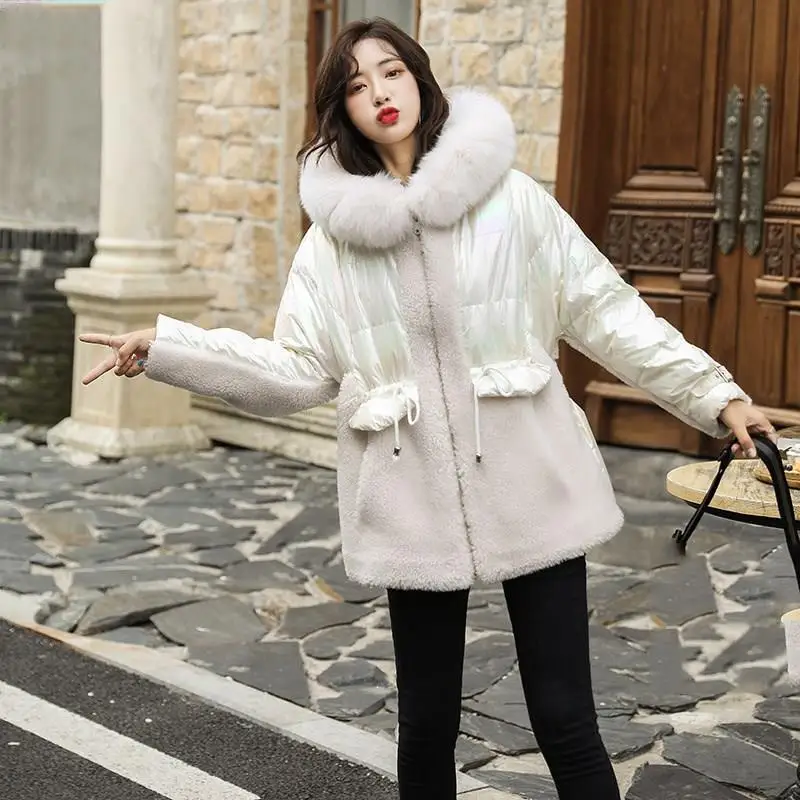 

White Parka Jacket Faux Fur Hooded Patchwork Coat Pockets Women Coat Long Skirt Style Pink Parka Warm Overcoat
