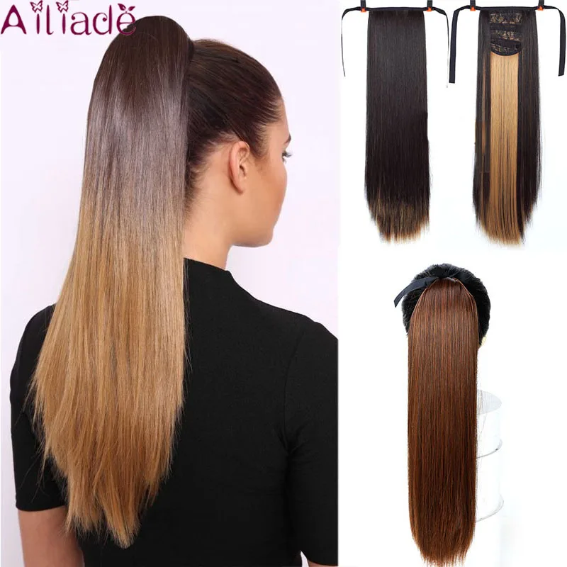 

AILIADE22'' Synthetic Ponytail Hair pieces Heat Resistant Fiber Straight Ribbon Clip In Hair Extension Brown Drawstring Ponytail