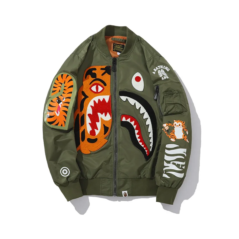 

2019 Japanese Mens Fashion Shark Embroidery Zipper Reflective Jacket Oversize Kanye West Hiphop Streetwear