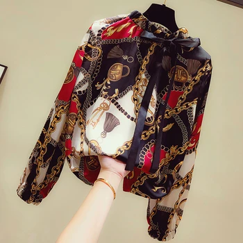 

Vintage Long Sleeve Chiffon Female Blouses 2019 New Spring Autumn Elegant High Collar Bow Printing Women Bottoming Shirts