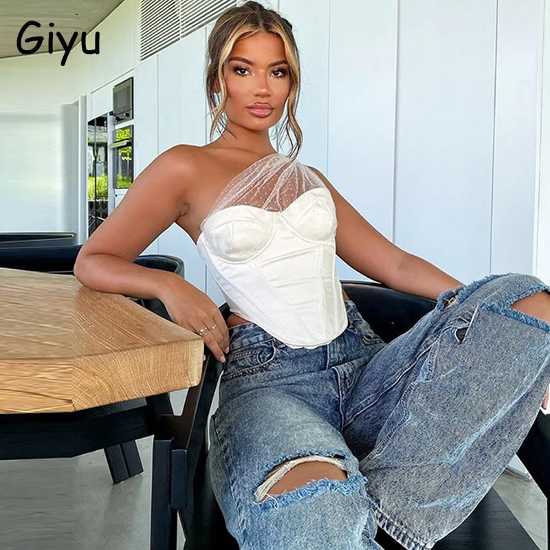 2021 Summer Women Blouses Shirts Sexy Backless One Shoulder Mesh Polka Dot Crop Tops Elegant Solid White Blusas Femininas | Женская