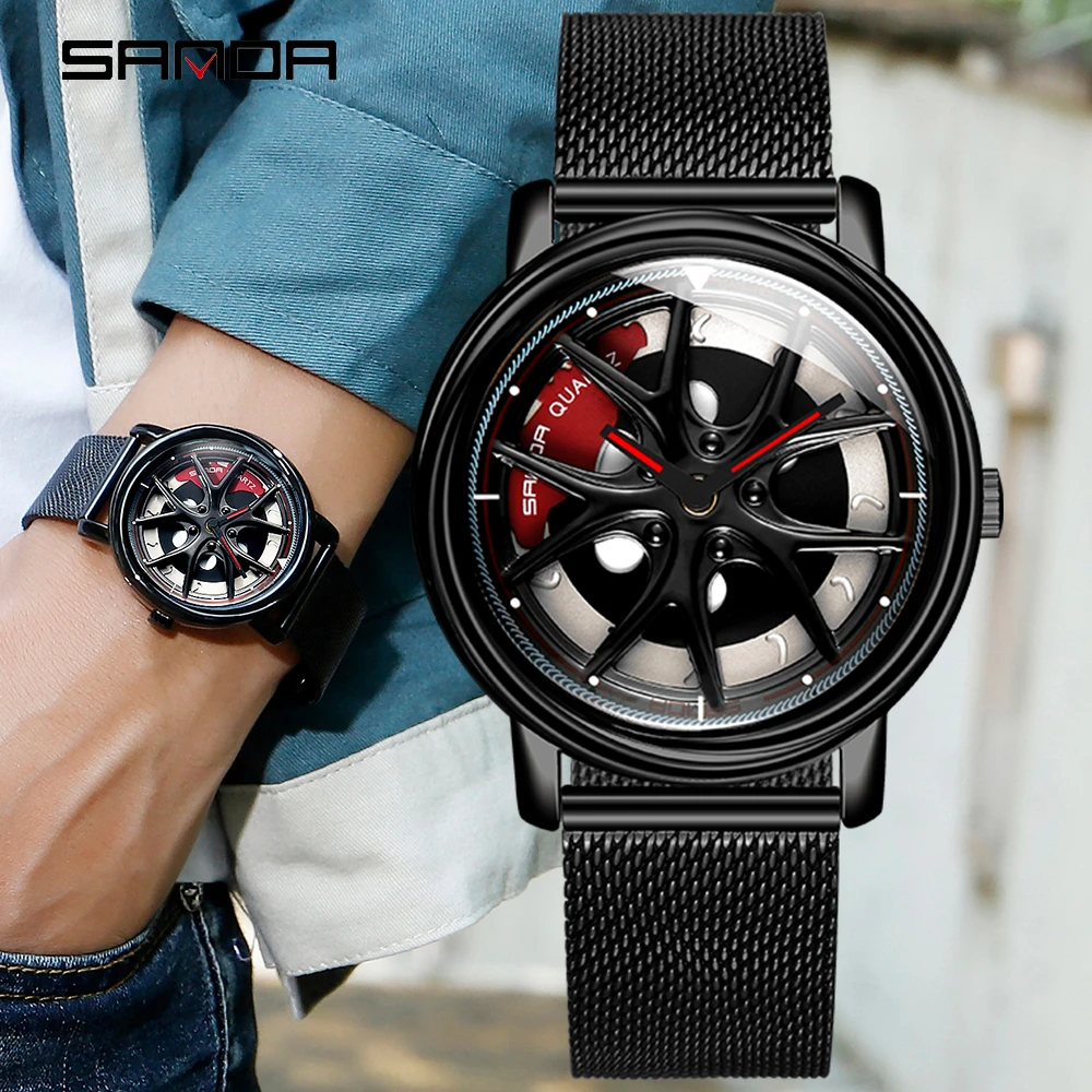 SANDA Men Rim Hub Watch Custom Design Car Wrist Watch Stainless Steel Custom not Printing Wheel Rim Hub Rotating Dial Watches