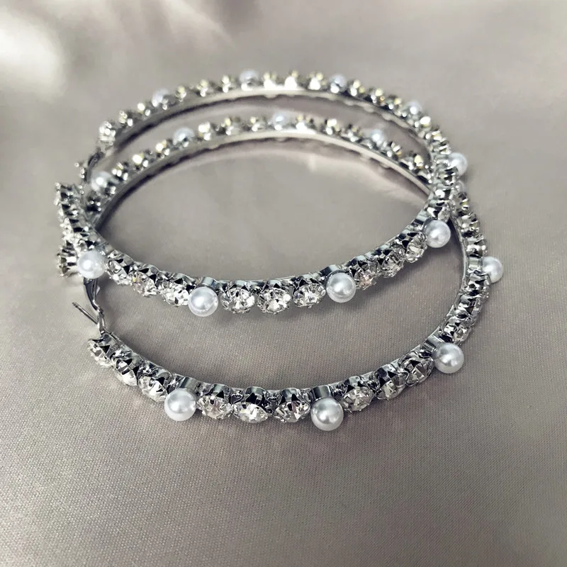 white-6cm Новое поступление, модные стеклянные стразы с жемчугом, серьги-кольца для женщин, ювелирное изделие, женские массивные серьги, аксессуары - Окраска металла: white-6cm