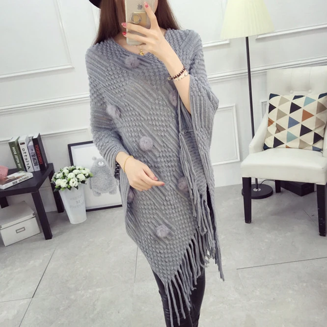 Spring Autumn Tassel Shawl Female Cloak Wool Ball Sweater Coat Loose V-neck Girl Warm Fashion Leisure Gray Shawl Wrap Sweater scarf autumn and winter new women s cotton wool warm scarf korean fashion tassel shawl lovers wholesale and direct sales