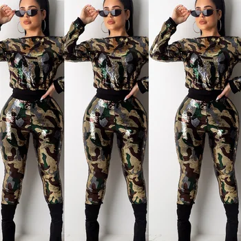 

Sexy Camouflage Sequin Round Neck Two Piece Nightwear Svitania Pullover Set