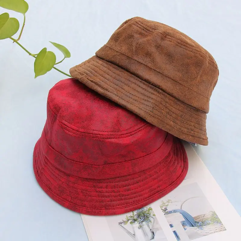 

Unisex Autumn Faux Leather Cuffed Wide Brim Bucket Cap Packable Fisherman Hat