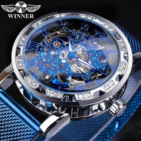 Fashion Diamond Display Men's Business Clock Blue Steel Mechanical Classic Royal Gear Movement Mechanical Skeleton Watch