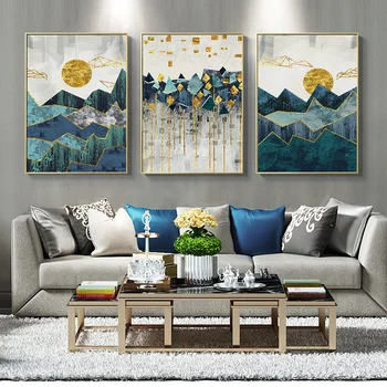 

Canvas Painting Abstract Gold Sun Green Hill Posters And Prints Wall Art Poster Wall Pictures For Living Room Nordic Home Decor