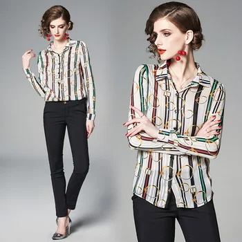

Spring Summer Fall Shirt New Stripe Buttoned Chiffon Print Lapel Fashion Slim Slim Thin High-end Women's Streetwear Elegant