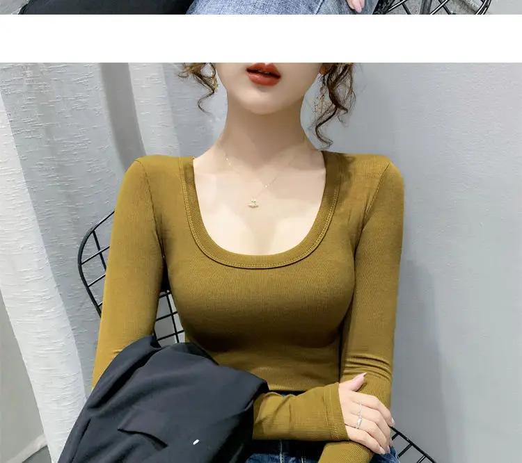 Women Long Sleeve Sexy T-Shirt 2021 Autumn Sexy U Neck Solid Rib Knit Basic Tee Tops Slim Fashion Korean Female Pullover T-shirt chrome hearts t shirt