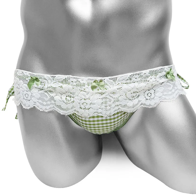 Lace-work Sexy Lingerie Panties For Sissy Mens Briefs Underwear Fashion Plaid Bowknot Bikini Super Low rise Sissy Panties