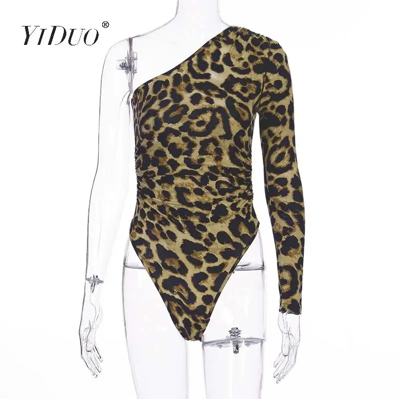 YiDuo One Shoulder Fashion Snake Print Sexy Bodysuits Short Romper Womens Jumpsuit Slim Long Sleeve Female Leopard Body Mujer white body suit Bodysuits