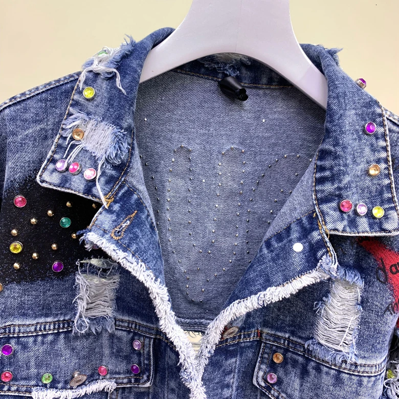 Greatest Street Denim Jacket for Women 2019 Autumn New Graffiti Cowboy Short Coat Female Personality Hole Ri