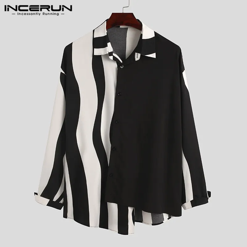 Shirts Streetwear Long-Sleeve INCERUN Striped Fashion Brand Patchwork Casual Lapel S-5XL