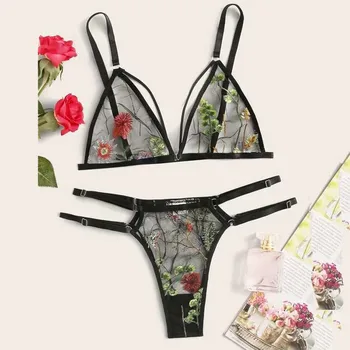 

New Women Underwear Flower Embroidery Lace Bra Thong Lingerie Set G-String S-3XL
