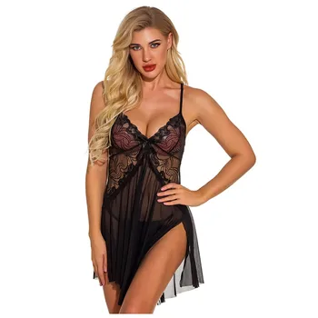 

Lingerie for women push up Underwear With Thong Set V-neck Lace Sleeveless Lingerie Sleepwear Plus Size Nightdress S-2XL