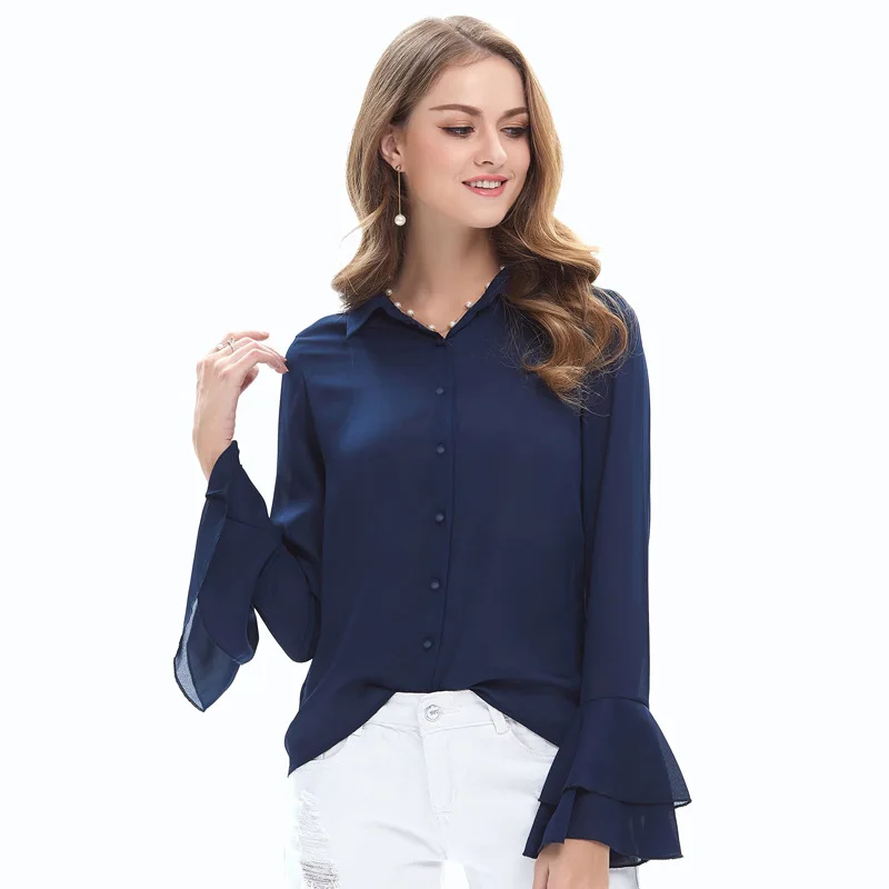 Spring Autumn Blouse Solid Navy blue 