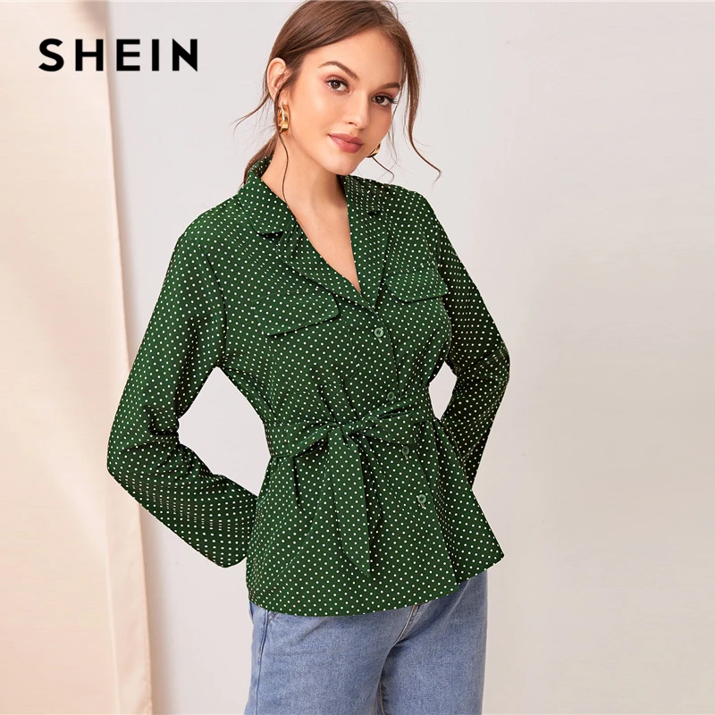 Женская офисная блузка SHEIN элегантная зеленая в горошек с отложным воротником и