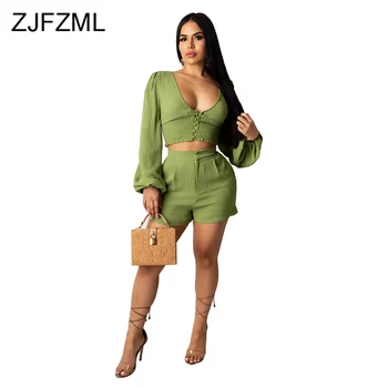 

Ruched Solid Sexy Two Piece Set Women Clothes Deep V-Neck Puff Sleeve Buttons T Shirts and Biker Shorts Causal Matching Sets