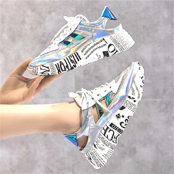 

2020 fashion hollow out Genuine leather Breathable mesh flat platform sneakers womens Casual Trainers Summer pink silver shoes