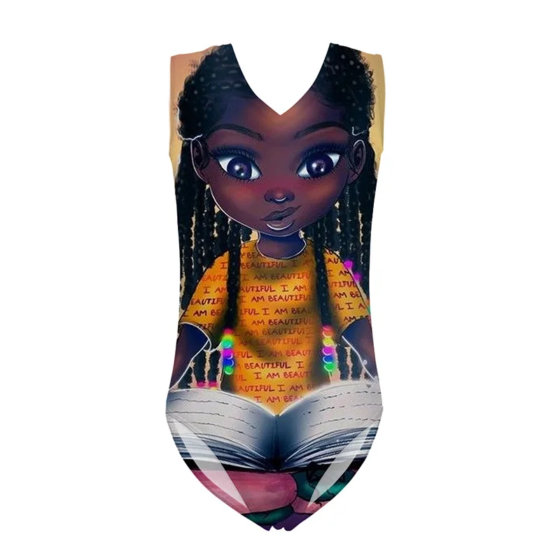 

HYCOOL Art African Black Girl Reading Book Pattern Sport Swimwear One Piece Swimsuit Children Girls Bathing Swimming Suit Summer
