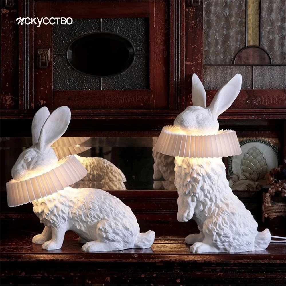 Nordic Resin Rabbit Scarf Led Table Lamp Children Bedroom Bedside Fixture Art Deco Living Room Light Creative Desktop Decoration