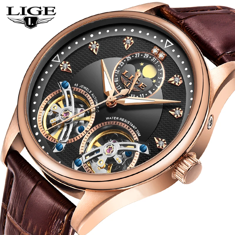 

2020 New LIGE Mens Watches Luxury Leather Double Tourbillon Mechanical Watch Men Fashion Business Automatic Waterproof Watch+Box