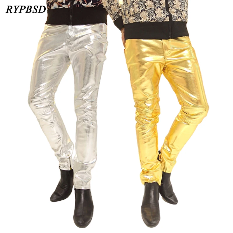 Pantalones ajustados de cuero dorado y plateado para hombre, pantalones ajustados de PU con cremallera para cantante de club nocturno, motocicleta, otoño