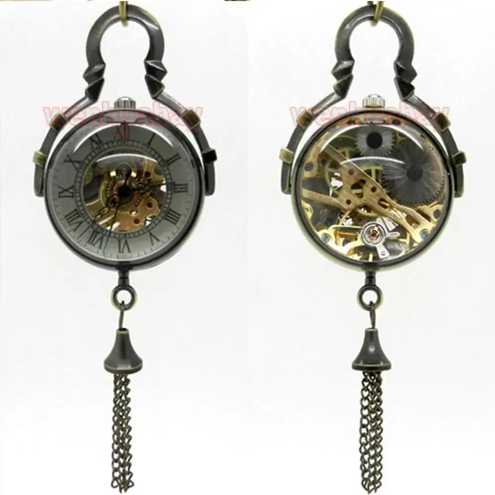 Vintage Style Lovely Transparent Roman Numerals Glass Ball Bead Mechanical Pocket Watch Pendant Necklace Chain Men Male Clock