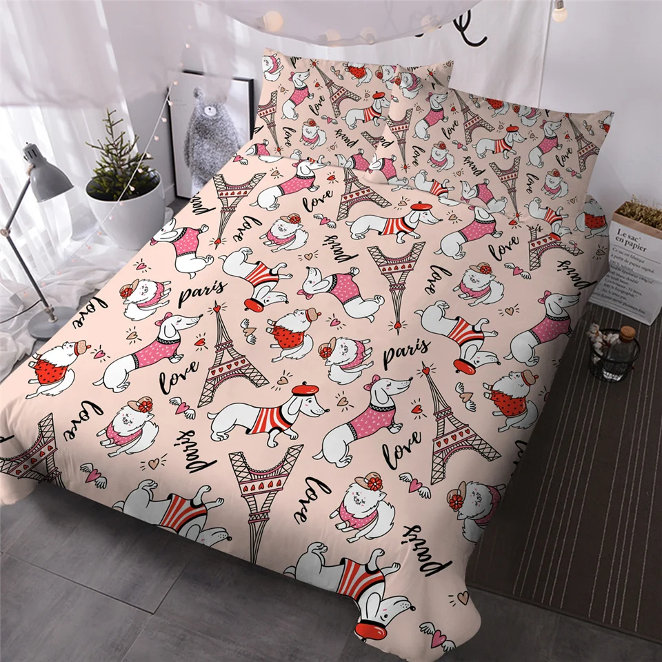 

HM Life Duvet Cover Set Dachshund French Dog Printed Comforter Cover Cute Cartoon Style Puppy Bedclothes Pink Bedding Set