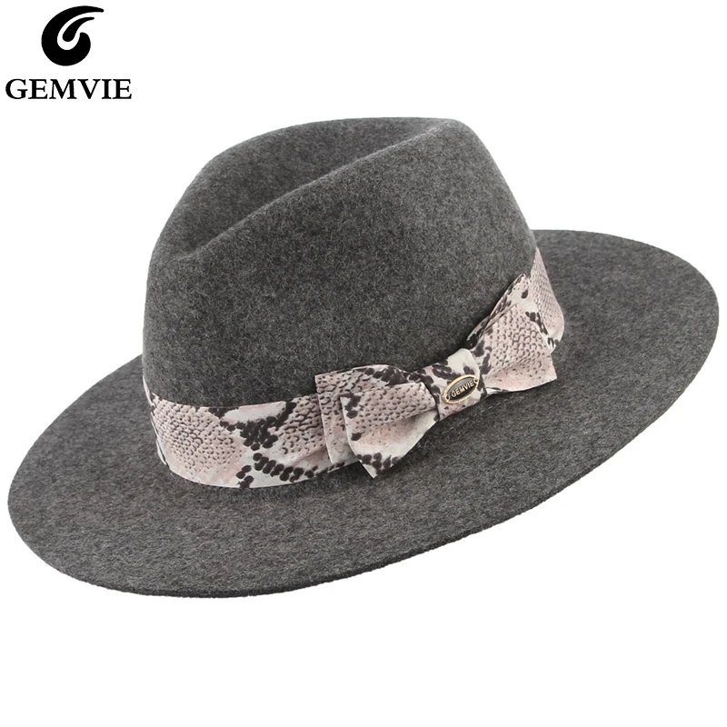 Модная женская фетровая Кепка Jazz GEMVIE 100% шерсть с широкими полями Fedora Hat змеиный принт лента бант декор Женская шерстяная мягкая шляпа