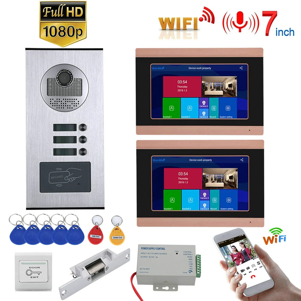 7inch Record Wired Wifi Video Intercom 2 Apartments Doorphone System with RFID 1080P Doorbell + NO Electric Strike Door Lock 7inch Record Wired Wifi Video Intercom 2 Apartments Doorphone System with RFID 1080P Doorbell + NO Electric Strike Door Lock