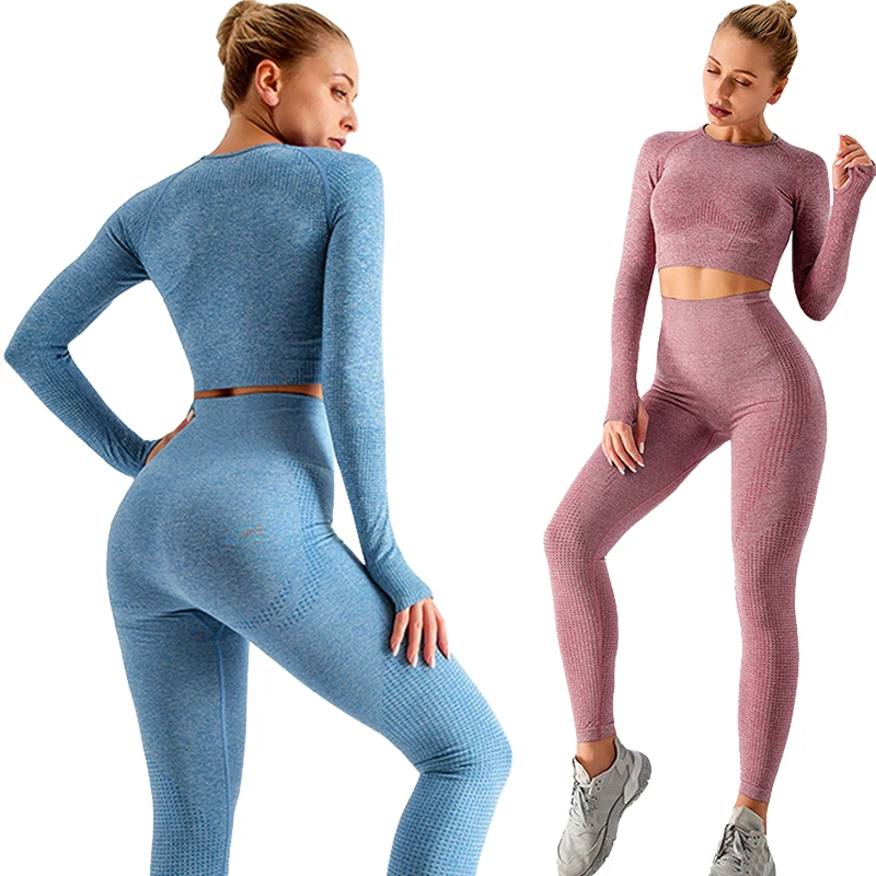 Yoga Set Sports Set Gym Workout Set Sportswear Set Seamless Yoga Set Sports 2 Piece Set Women Clothing Long Sleeve Gym Crop Top High Waist Leggings Workout Fitness Sportswear