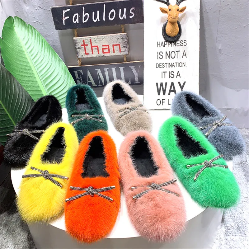 

Jady Rose 2019 Winter Warm Fur Shoes Women Flats Bowknot Moccasins Outside Loafers Espadrilles Ladies Mink Fur Flat Shoes