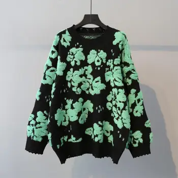 

H.SA 2020 Spring Winter Chic Sweater and Jumpers Florals Jacquard Yellow Sweater Pullovers Green Thick Knit Robe Pull