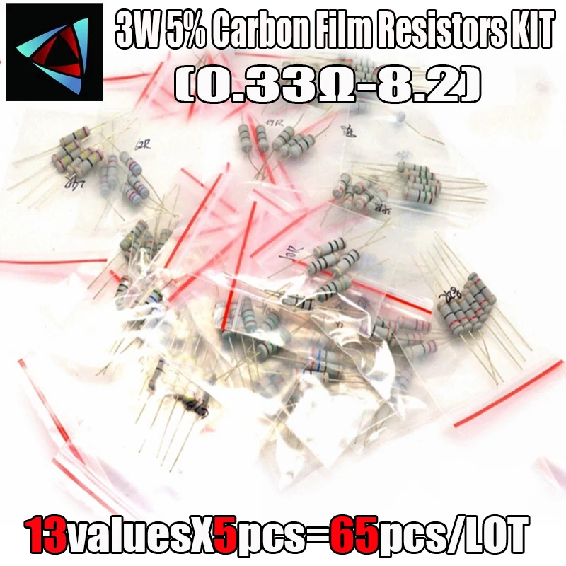 

65PCS 3W 5% 0.33 ~ 8.2 ohm 13Values*5pcs Carbon Film Resistors KIT