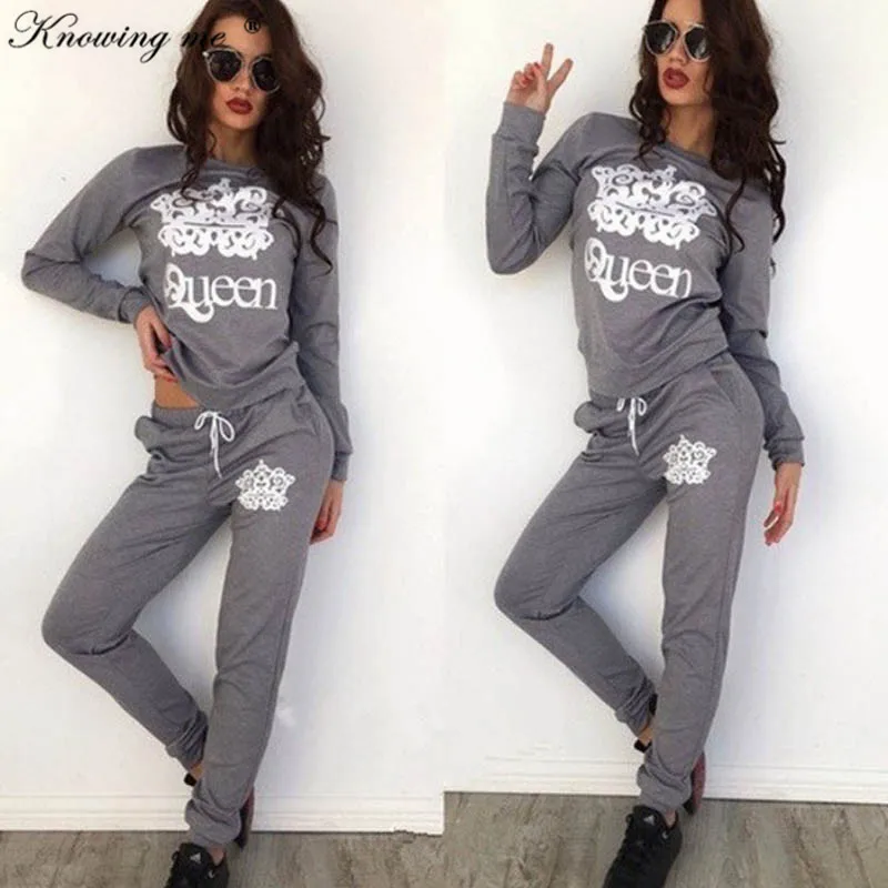 

Knowing me Women Autumn winter Sweatshirt 2Pcs sets Lady fashion Queen pattern print Tracksuit set Elegant casual o neck long sleeve hoodies sets Lady Fashion pullover top+ long pants 2pcs sports sets