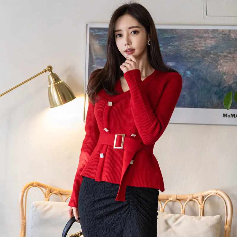 2020 Fashion Red V-neck double-breasted belt Stretched knitted Women Slim Sweater Pullover tops Female Jumper Work Autumn Winter | Женская