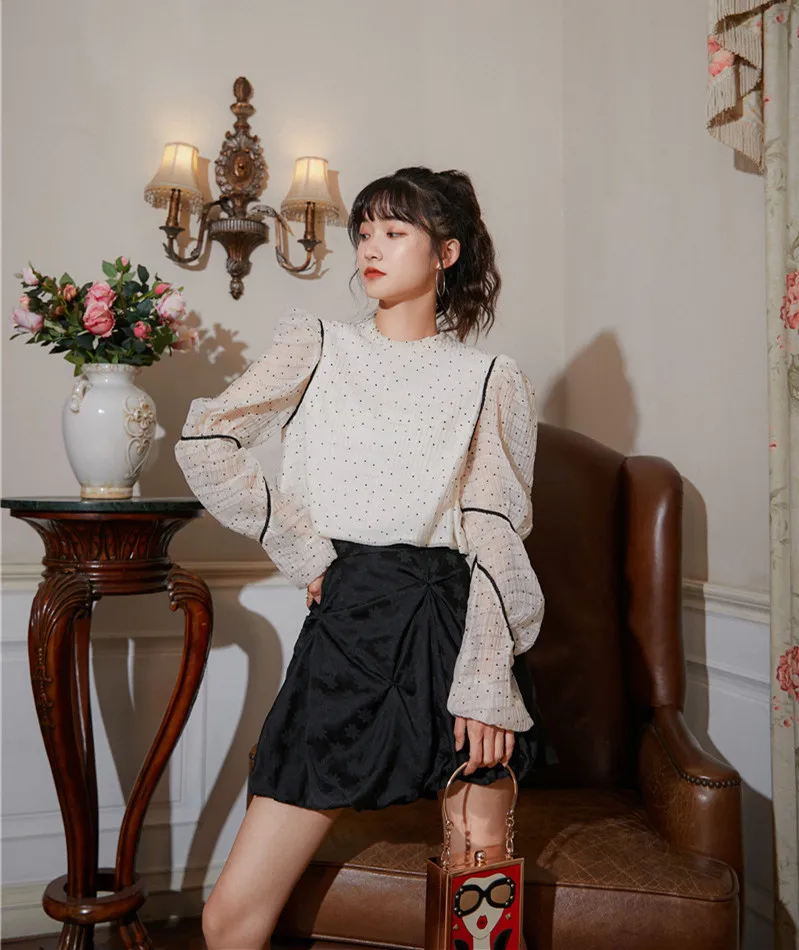 LANMREM 2020 round neck full sleeves autumn polka dots fashion women clothes white color pullover shirt female top WN
